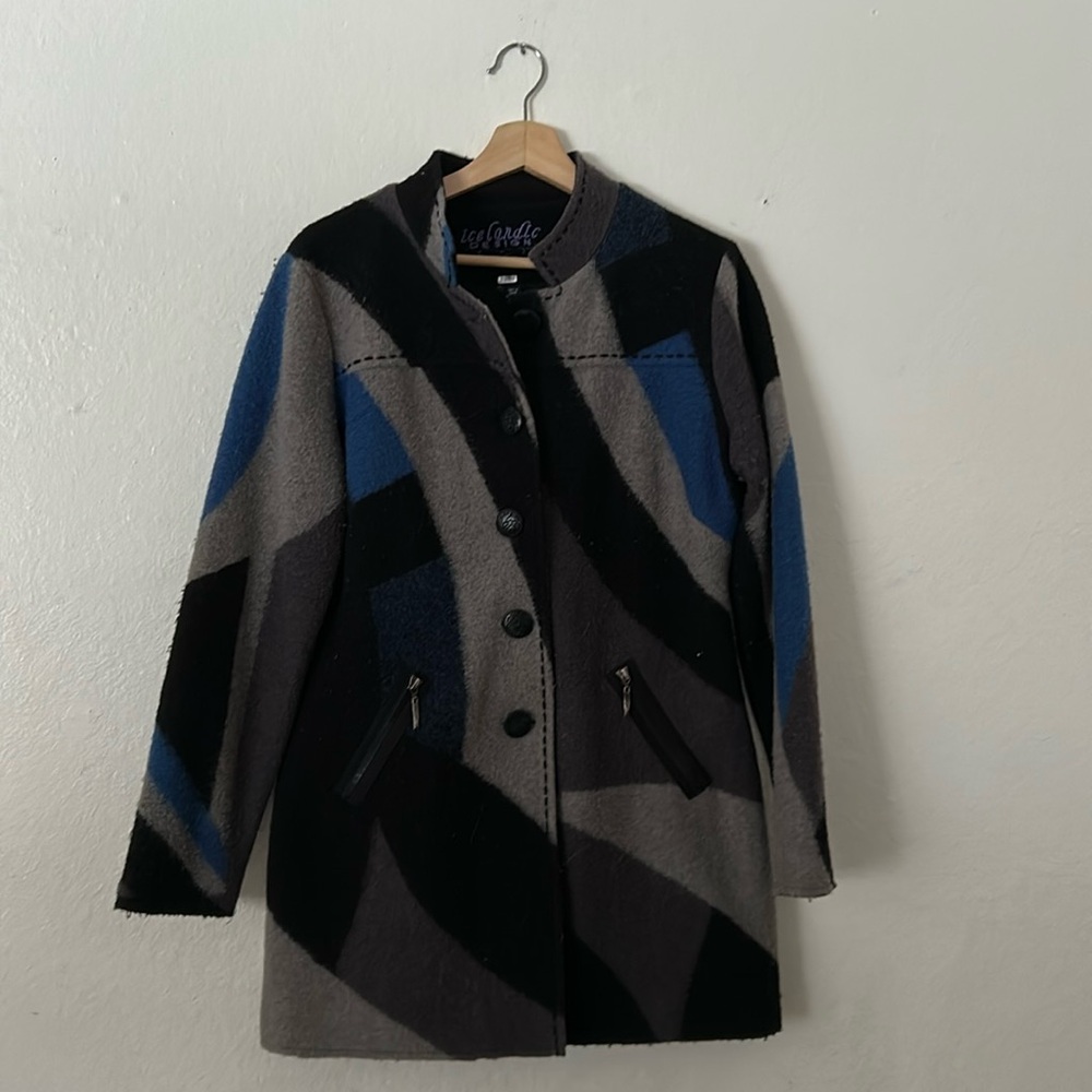 Icelandic Design Wool Blend Pea Coat In Black Gray Blue Sz M